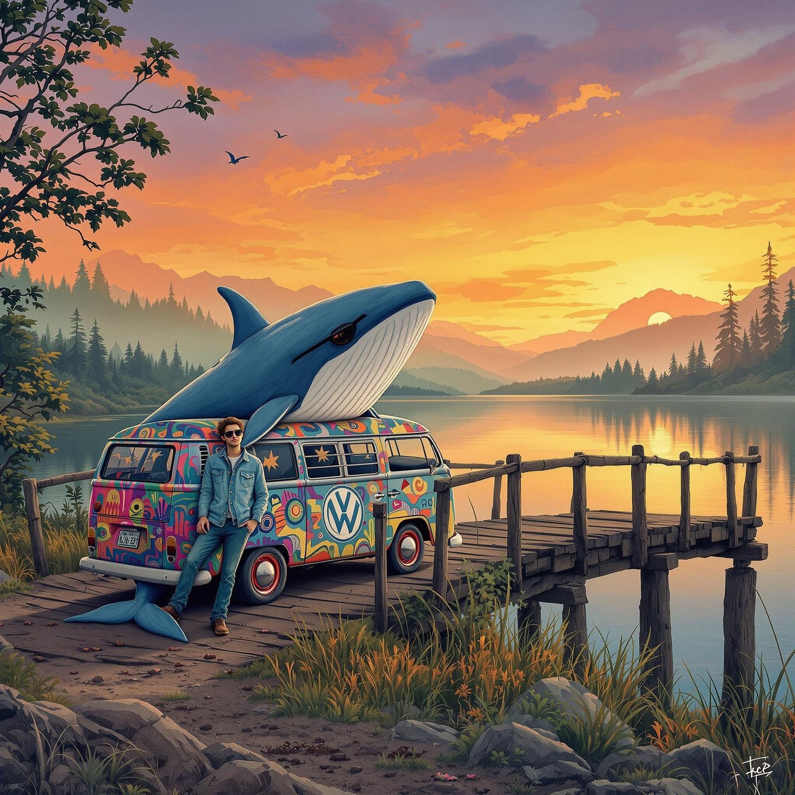 Whale in Denim Jacket by Misty Lake