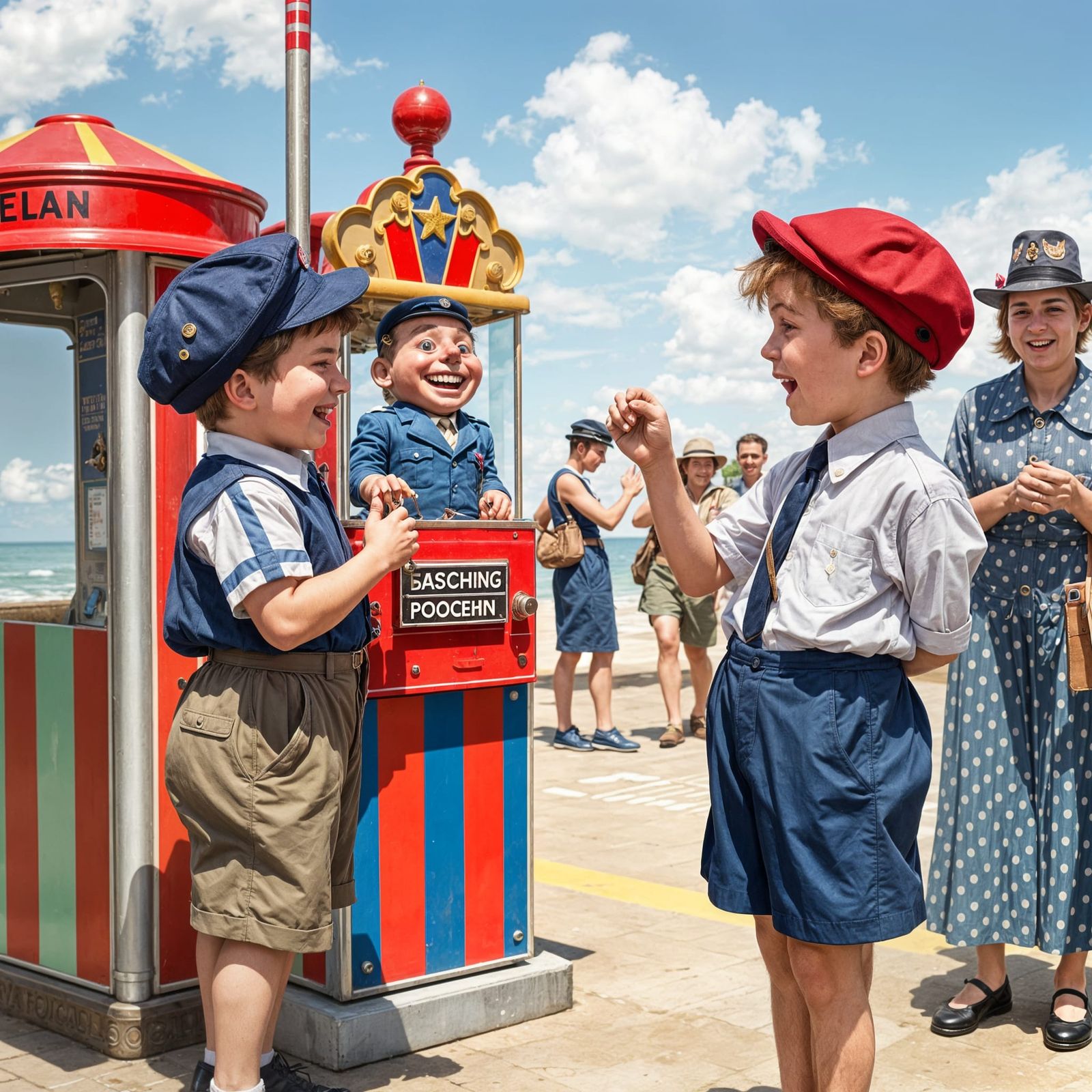 Vintage Boys Play with Laughing Policeman Machine at the Sea...