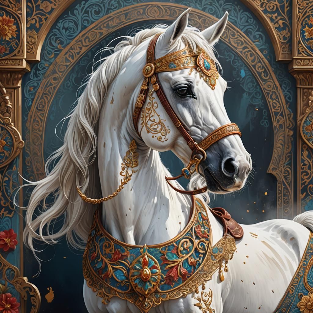 Majestic Arabian Horse Head in Detailed Gouache Painting