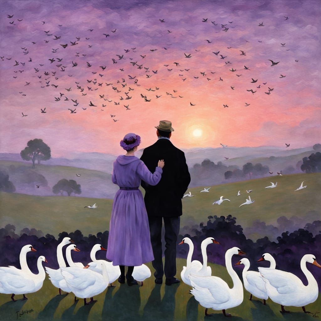 Father and Daughter Gaze at Swans in a Dreamy Dawn Landscape