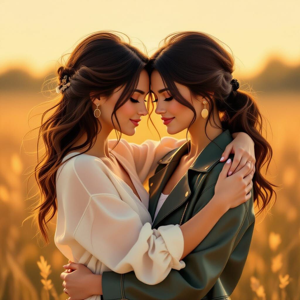 Loving Embrace of Two Women in Golden Hour Light