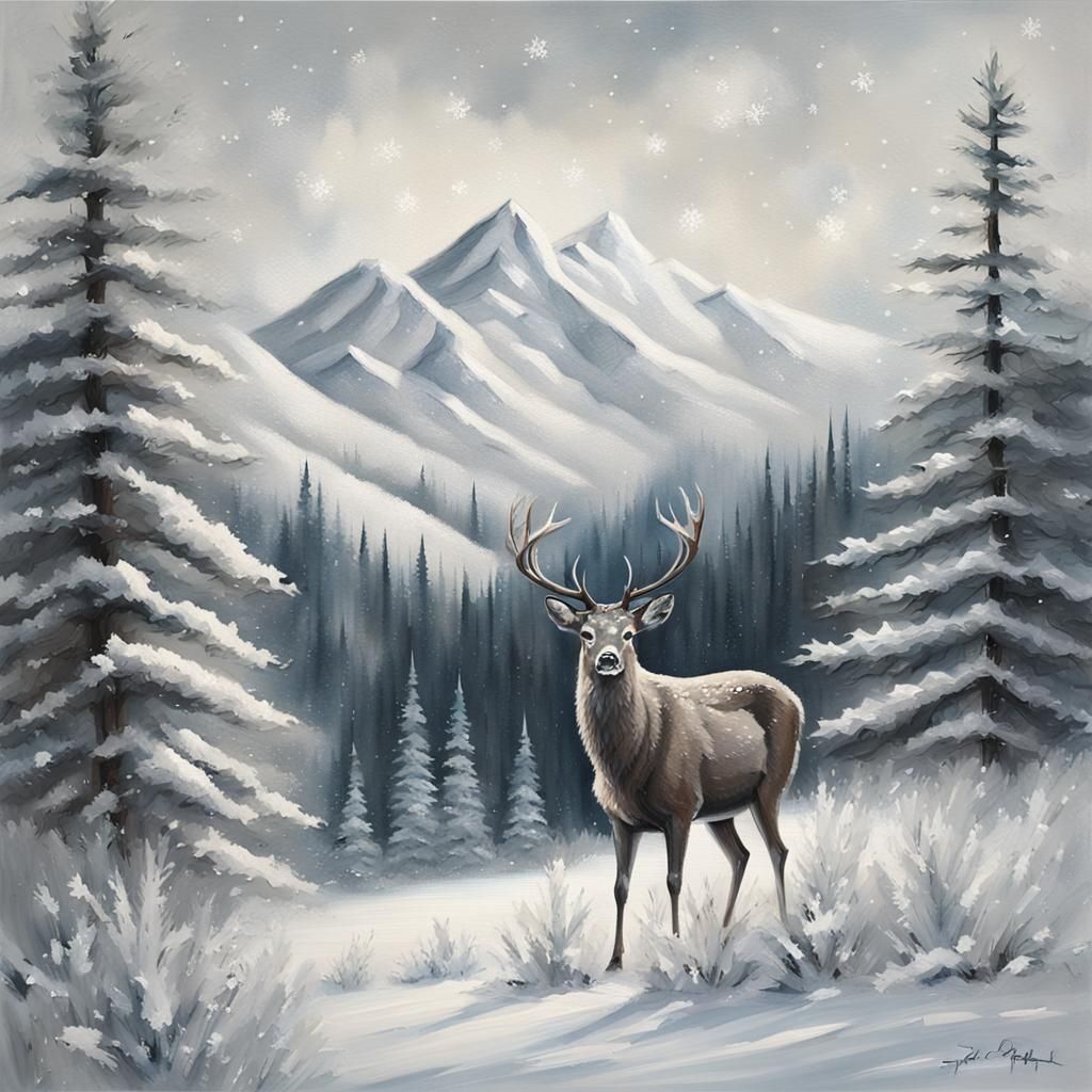 Monochromatic Winter Landscape with Deer, as Oil Painting