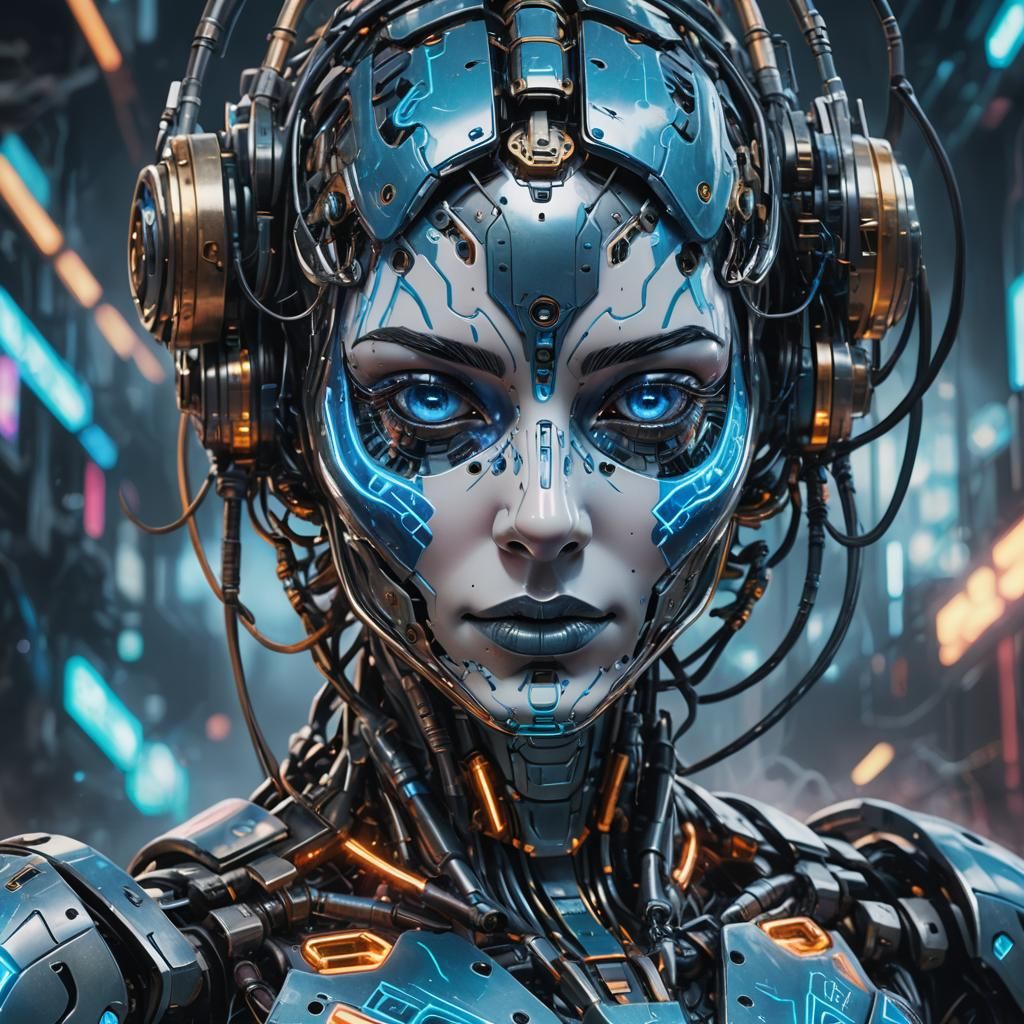 Cyberpunk Robot Portrait with Glowing Blue Circuits