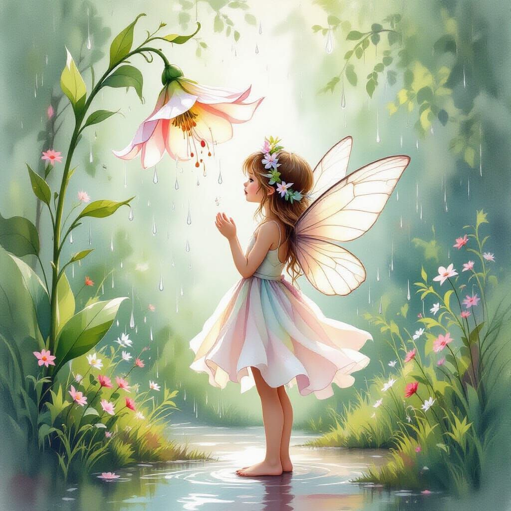 Fairy Sheltering from Rain in Watercolor Style