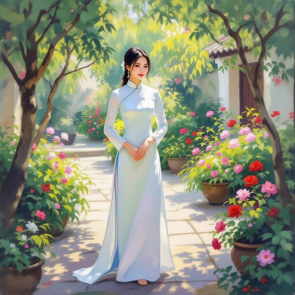Vietnamese Woman in Tranquil Garden