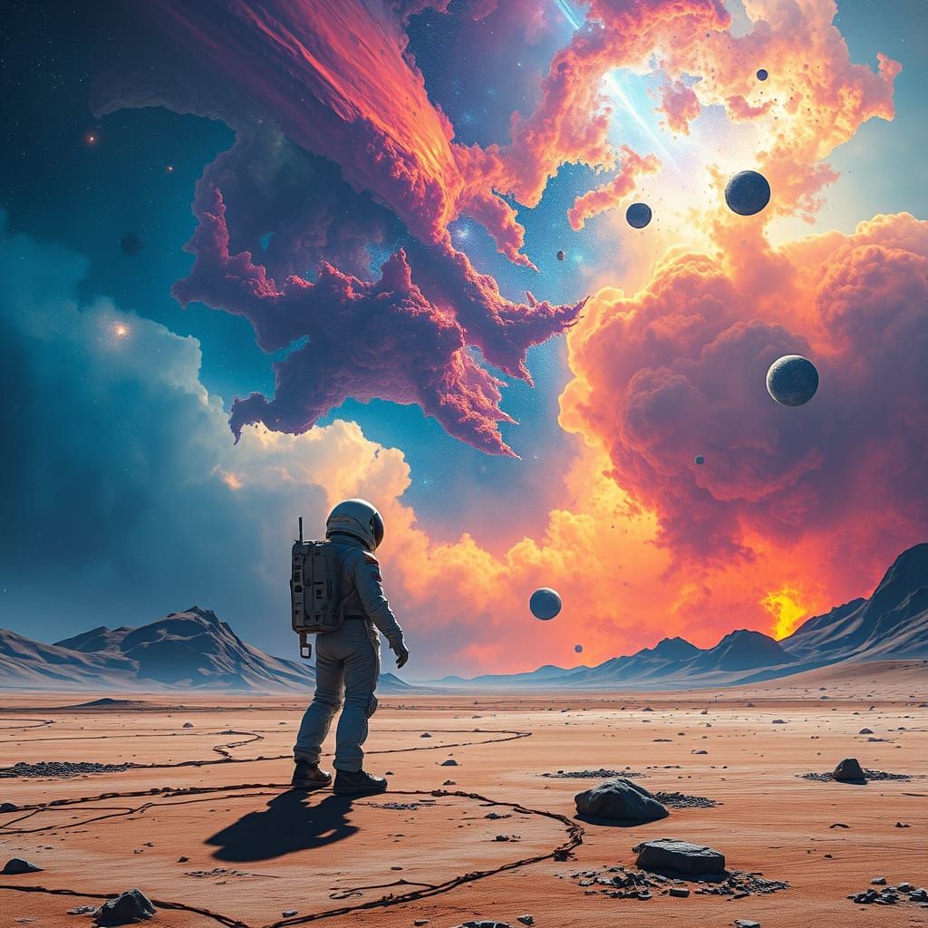 Astronaut Gazing at Nebula on Alien Planet