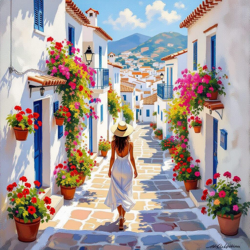 Mediterranean Village Scene in Impressionist Style