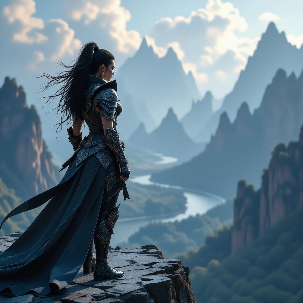 Gothic Warrior on Precipice Overlooking Mythic Landscape