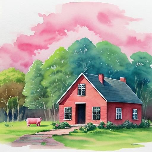 Watercolor Painting of Pigs' Brick House in Forest