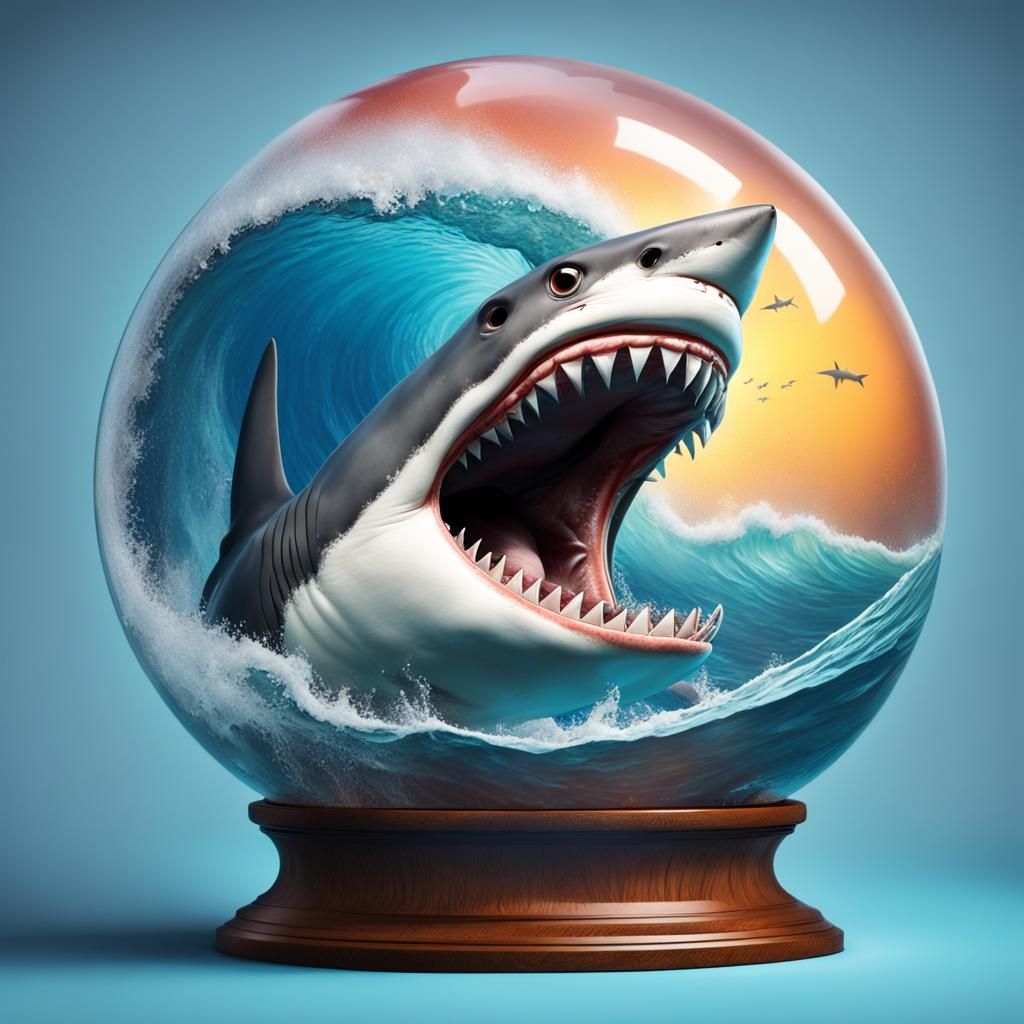 Shark Surfing Wave in Globe: Hyperrealistic Splash Art
