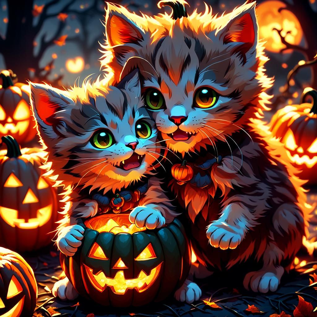 Kittens Play with Jack-O-Lantern in 3D Anime Style