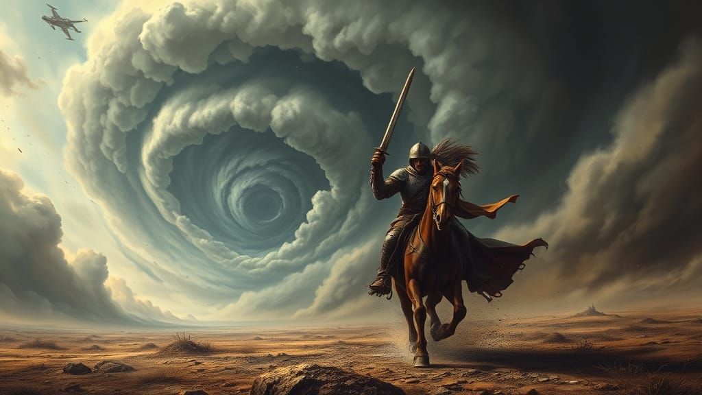 Cavalry Soldier Charging Across Desolate Battlefield