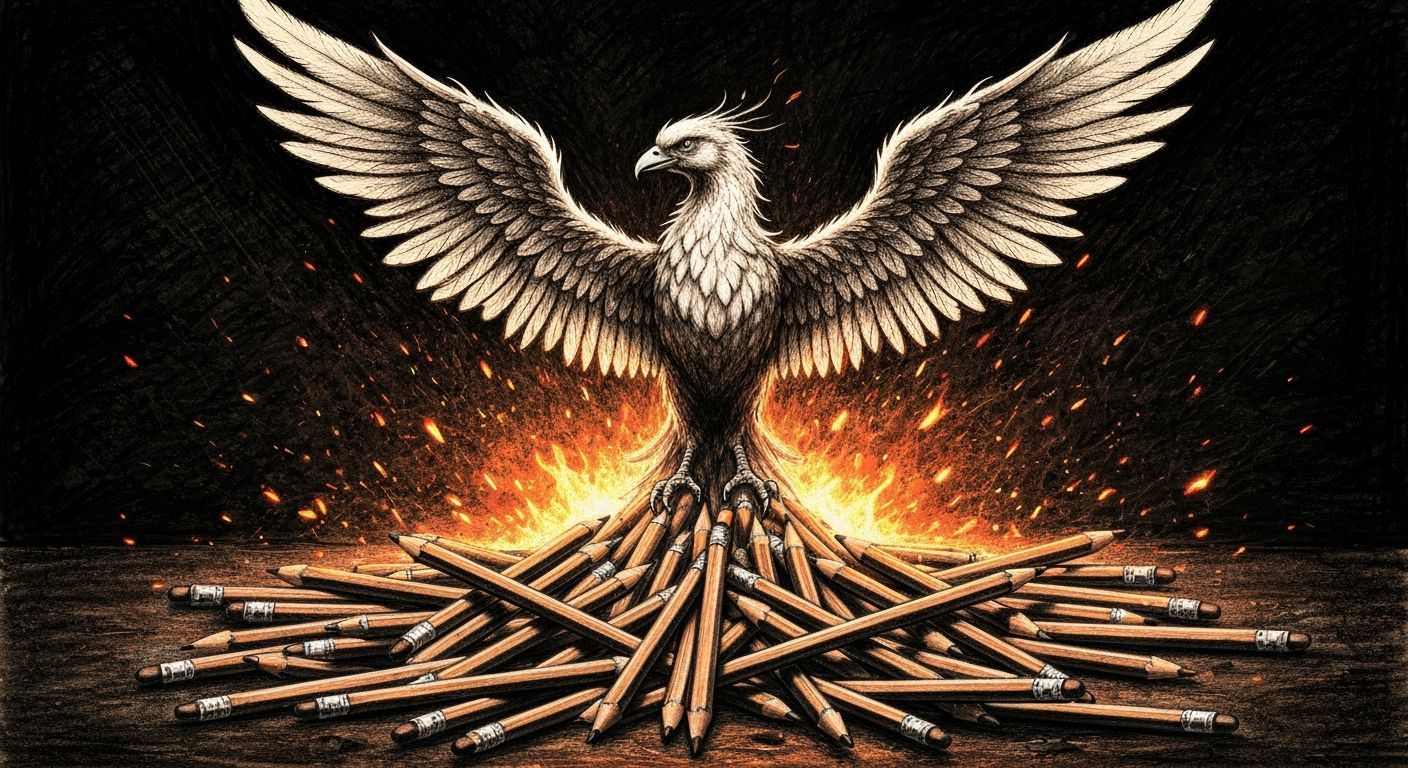 Phoenix Rises from Pencils in Charcoal Sketch Style