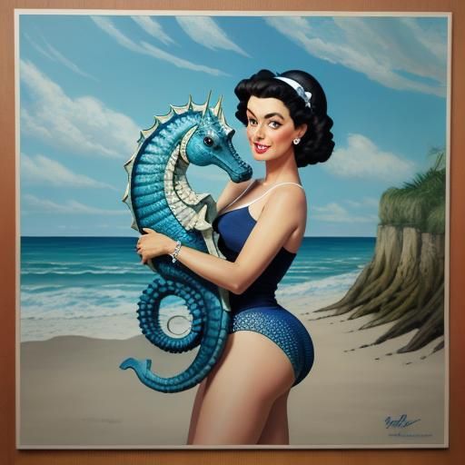 Hyperrealistic Beach Pinup with Seahorse Monster