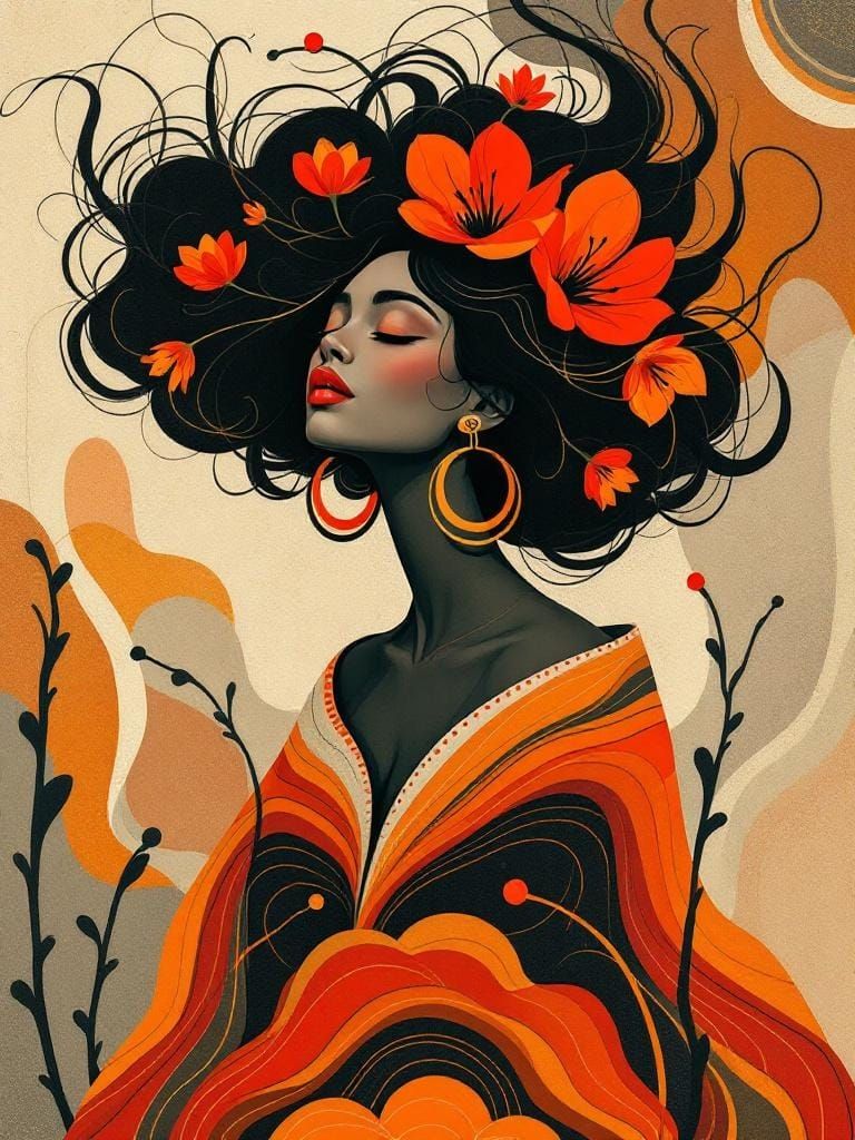 Stylized Woman Portrait in Folk Art Deco Style