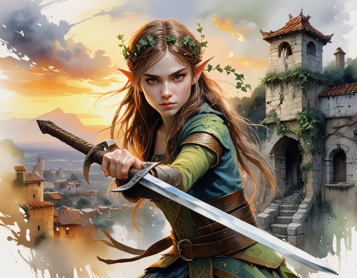 Ethereal Elf Warrior in Watercolor Splendor