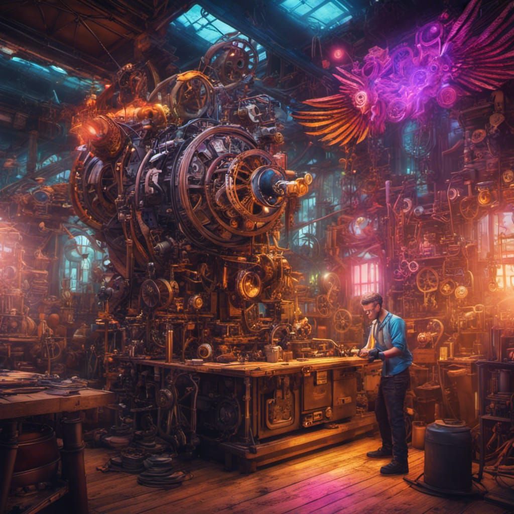 Steampunk Engineer in Colorful Mechanical Workshop
