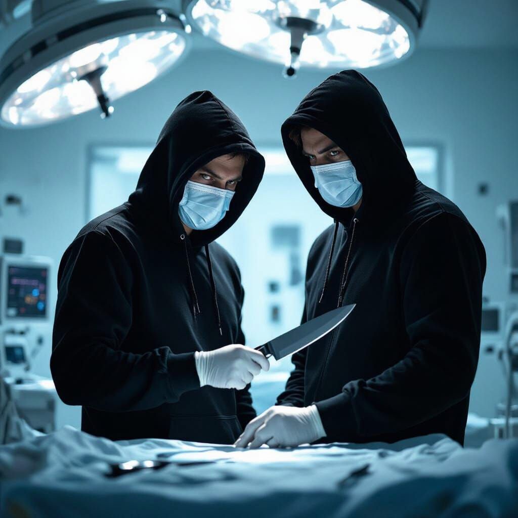Man in Mask and Hoodie with Knife in Surgical Room
