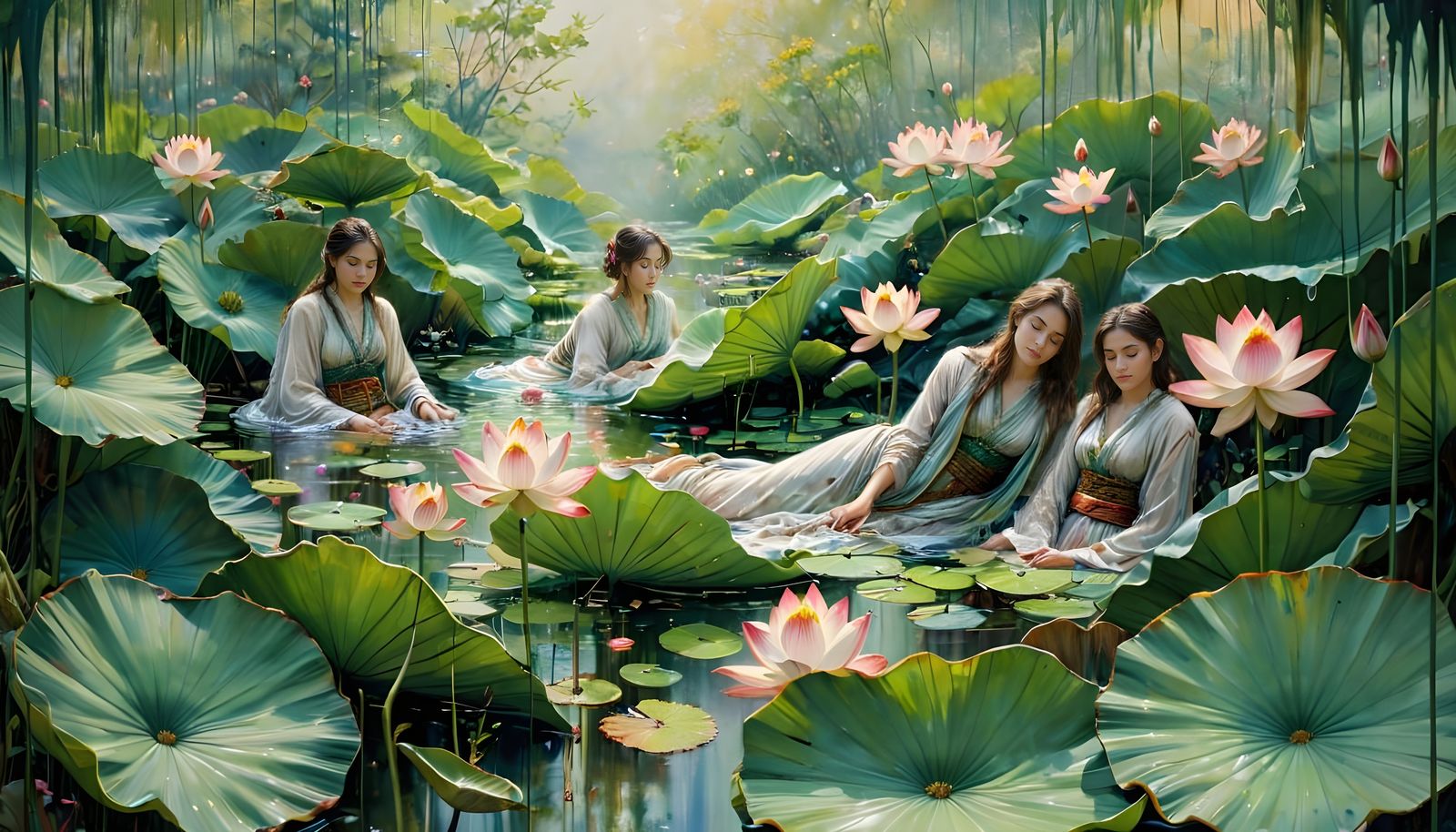 Ethereal Lotus Eaters in Impressionistic Dreamscape