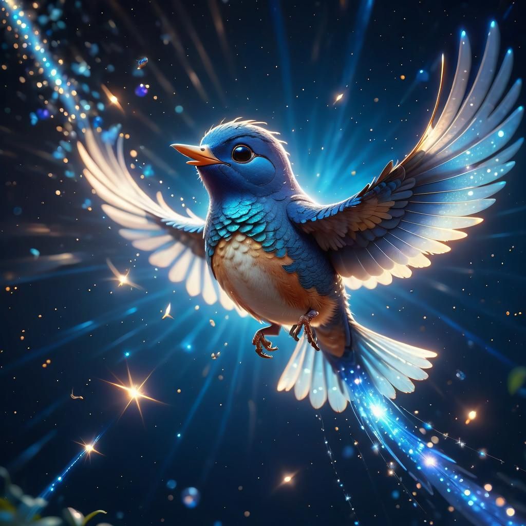Celestial Bird in Pixar Style with Sparkling Trail