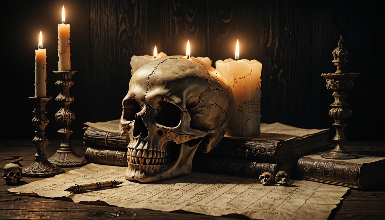 Skull and Candle Still Life in Dark Academic Style