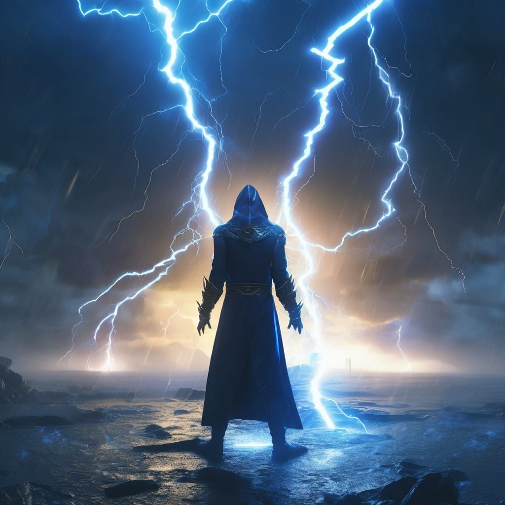 Cloaked Figure Conjures Lightning: Fantasy Concept Art