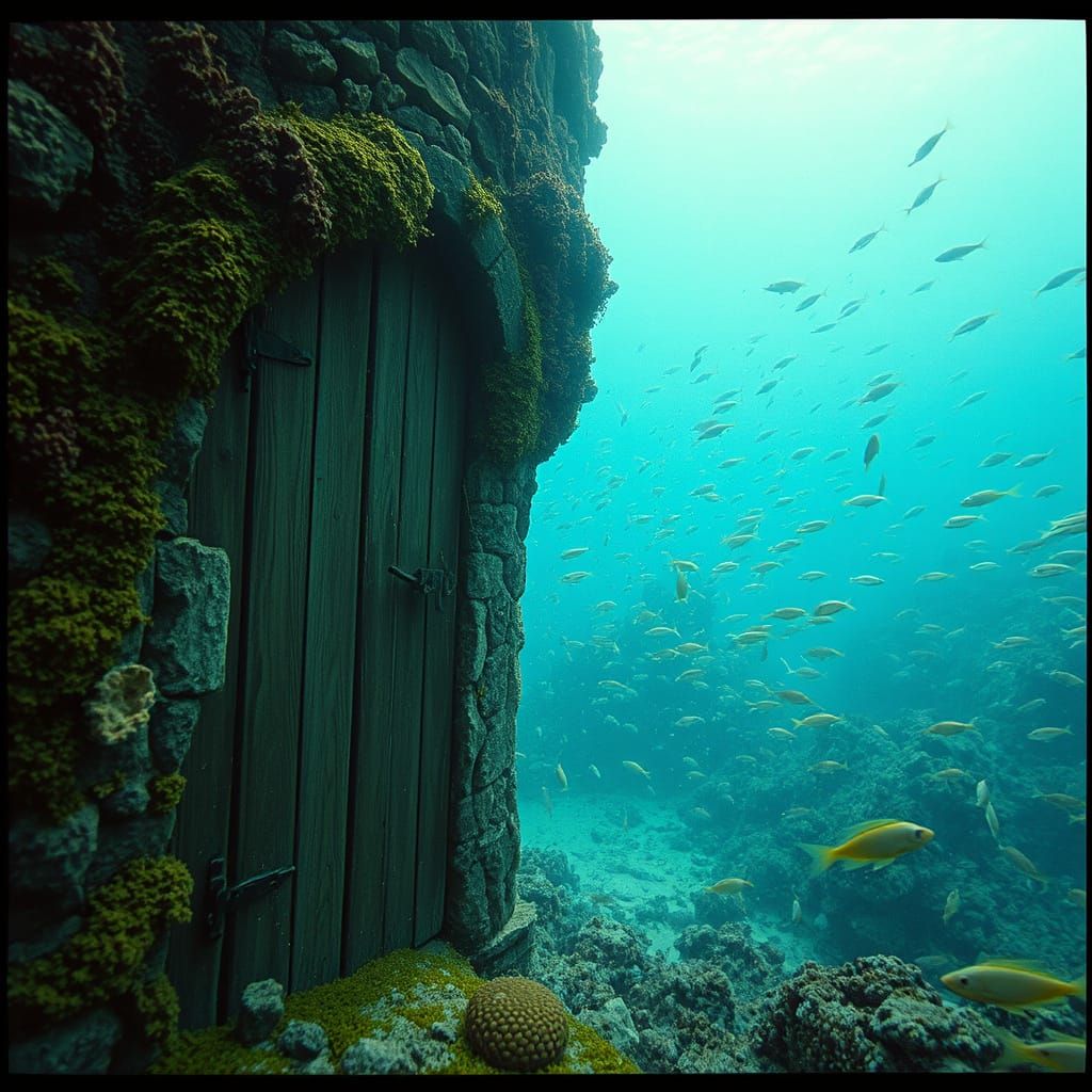 Underwater Scene: Algae-Covered Doorway with Marine Life