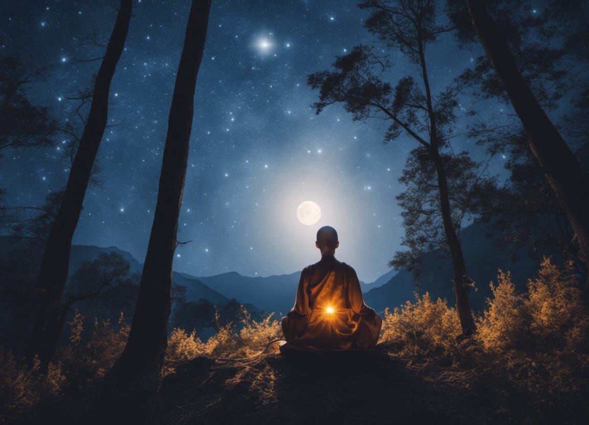 Buddhist Nun Meditation Under Celestial Light