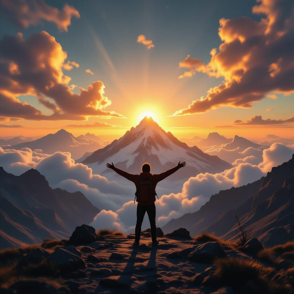 Figure Reaching Peak at Sunrise with Energetic Clouds