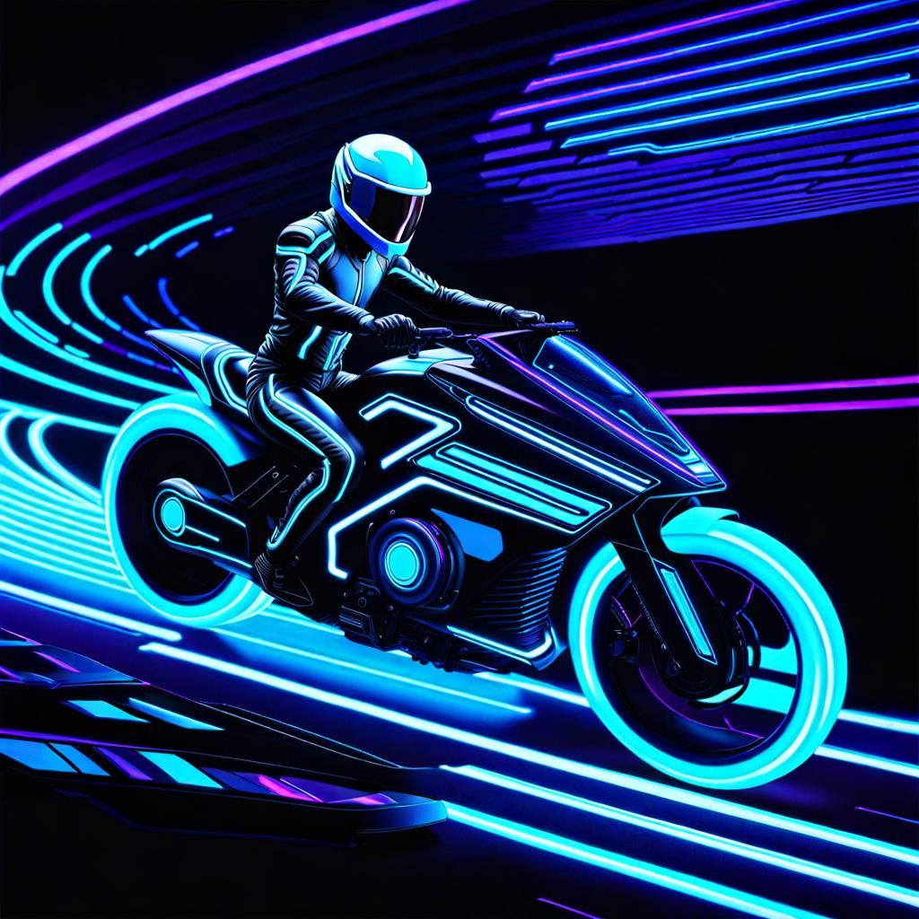Tron Character on Lightcycle in Black Light Art