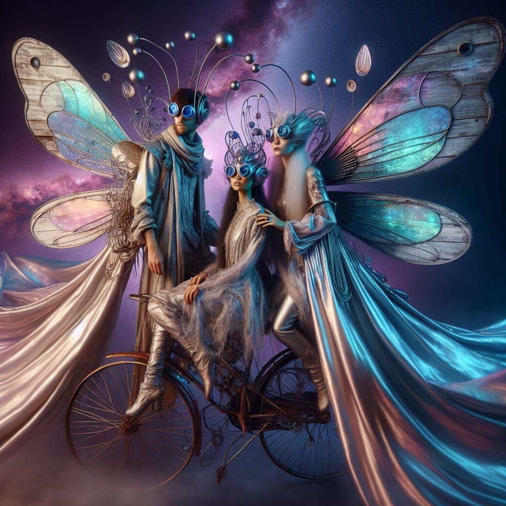 Celestial Trio on Spaceship in Galaxy Sunset