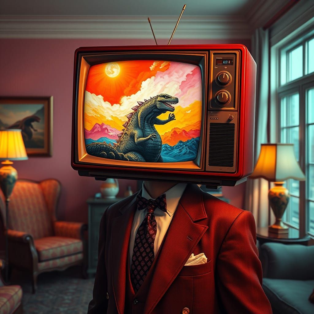 Man with Television Head Watches Surreal Painting in 1950s H...