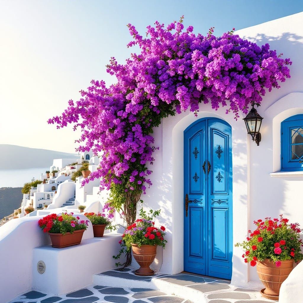 hilltop Santorini white stucco Greek house with bright blue wooden door and windows, arched purple flowing hedge over do...