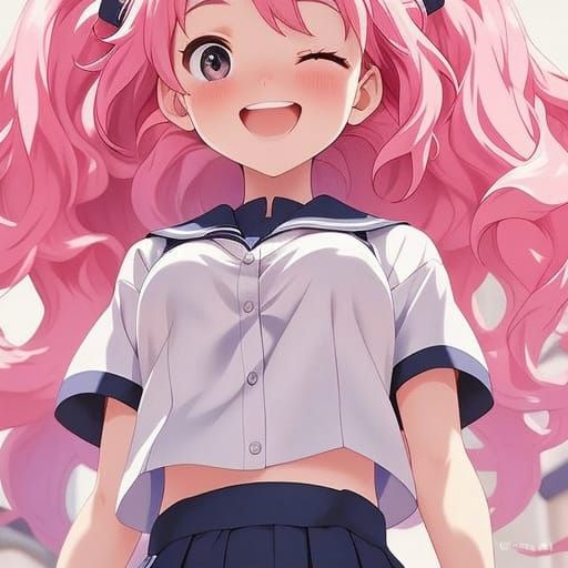 Anime School Girl with Pink Hair and Curvy Figure
