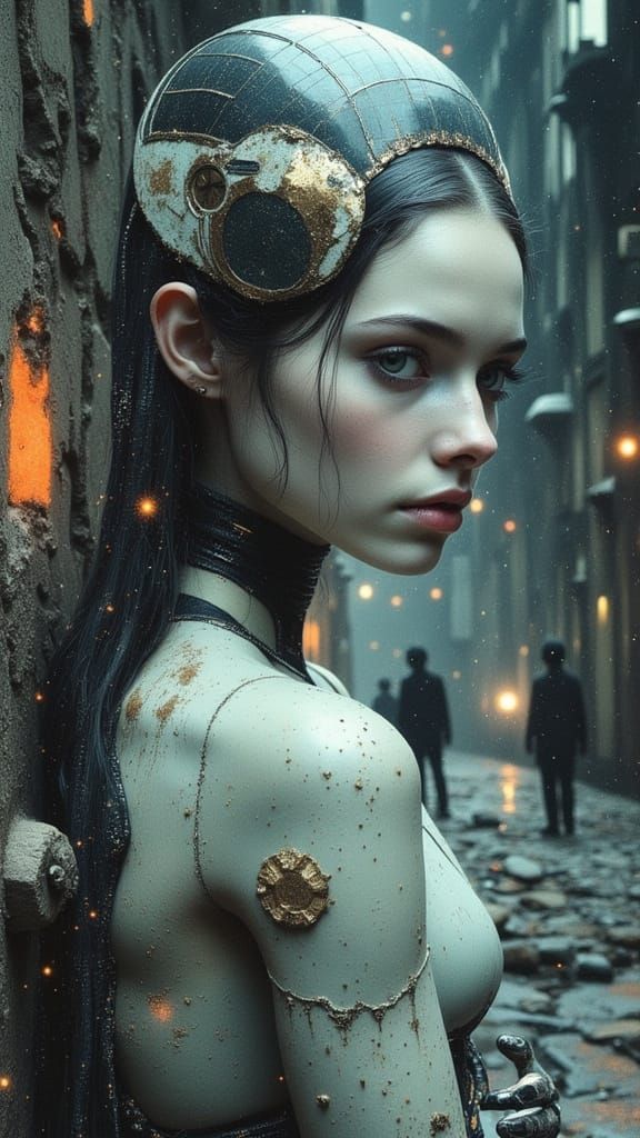 Ethereal Cyborg Woman in Dystopian City