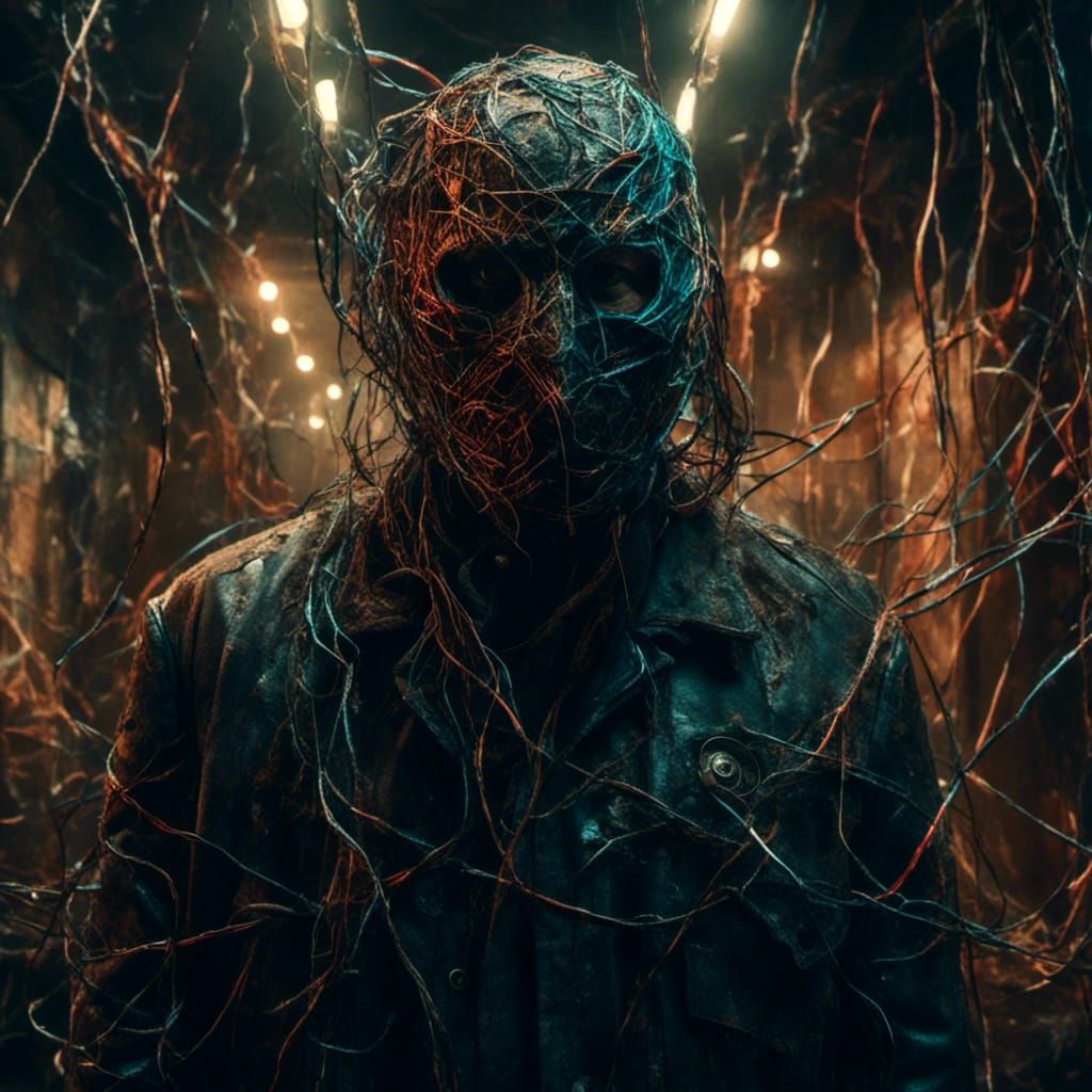 Masked Man with Neon Spotlight Mask in Gritty Setting