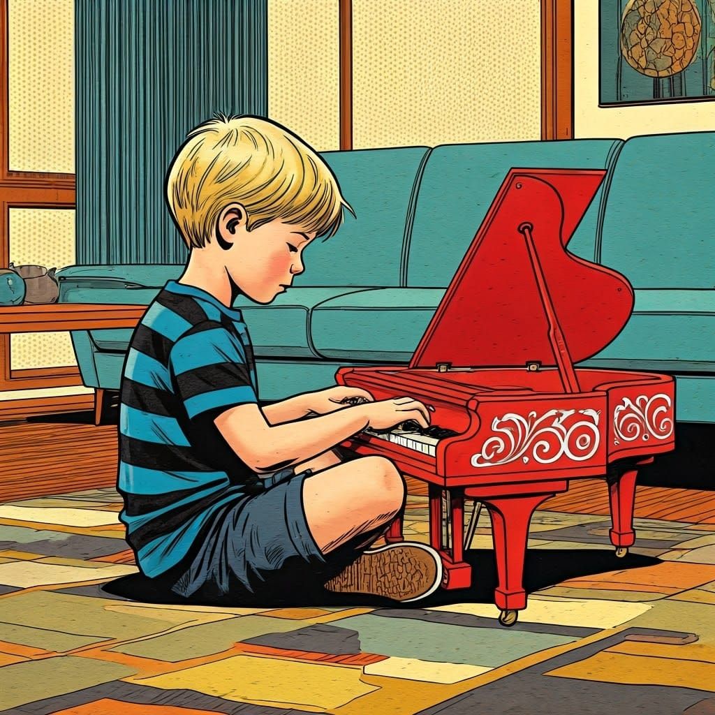 Boy Plays Piano in Classic Comic Book Style