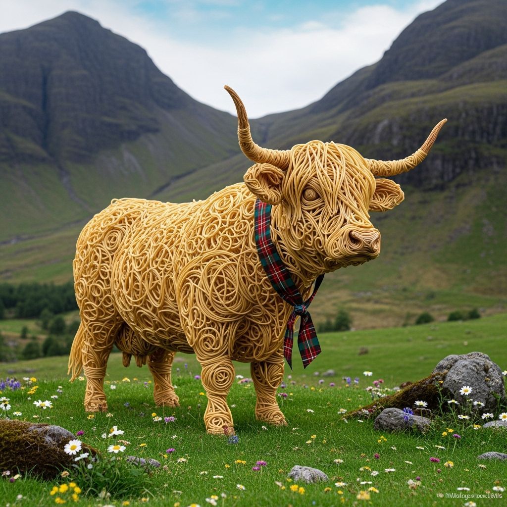 Spaghetti Highland Cow in Surreal Landscape