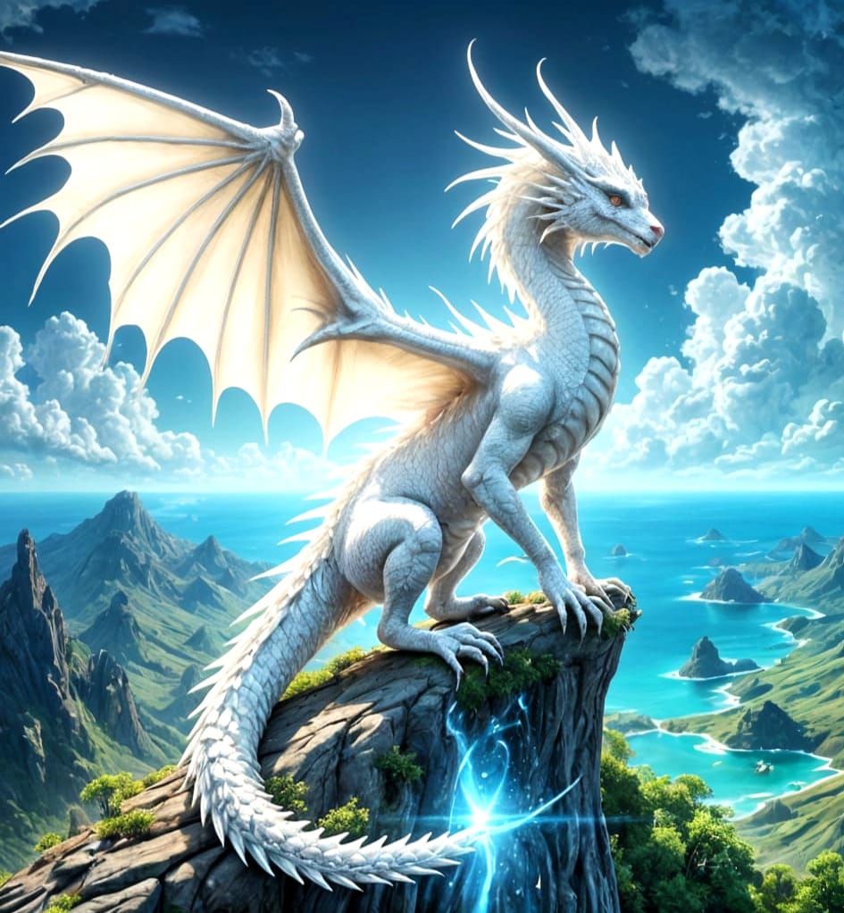 White Dragon with Rainbow Hints, Storybook Illustration