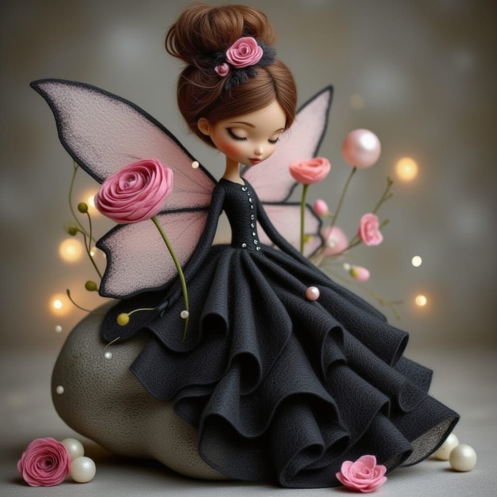 Lenci Felt Doll on Rock in Floral Fantasy