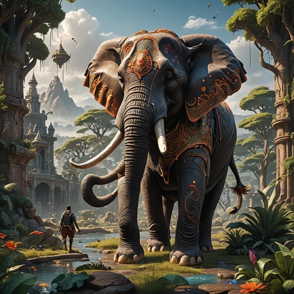 Elephant Line Art for Coloring, Detailed Digital Painting