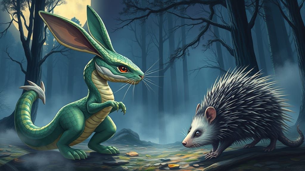 Majestic Snake-Rabbit Fights Prickly Porcupine-Possun in Moo...