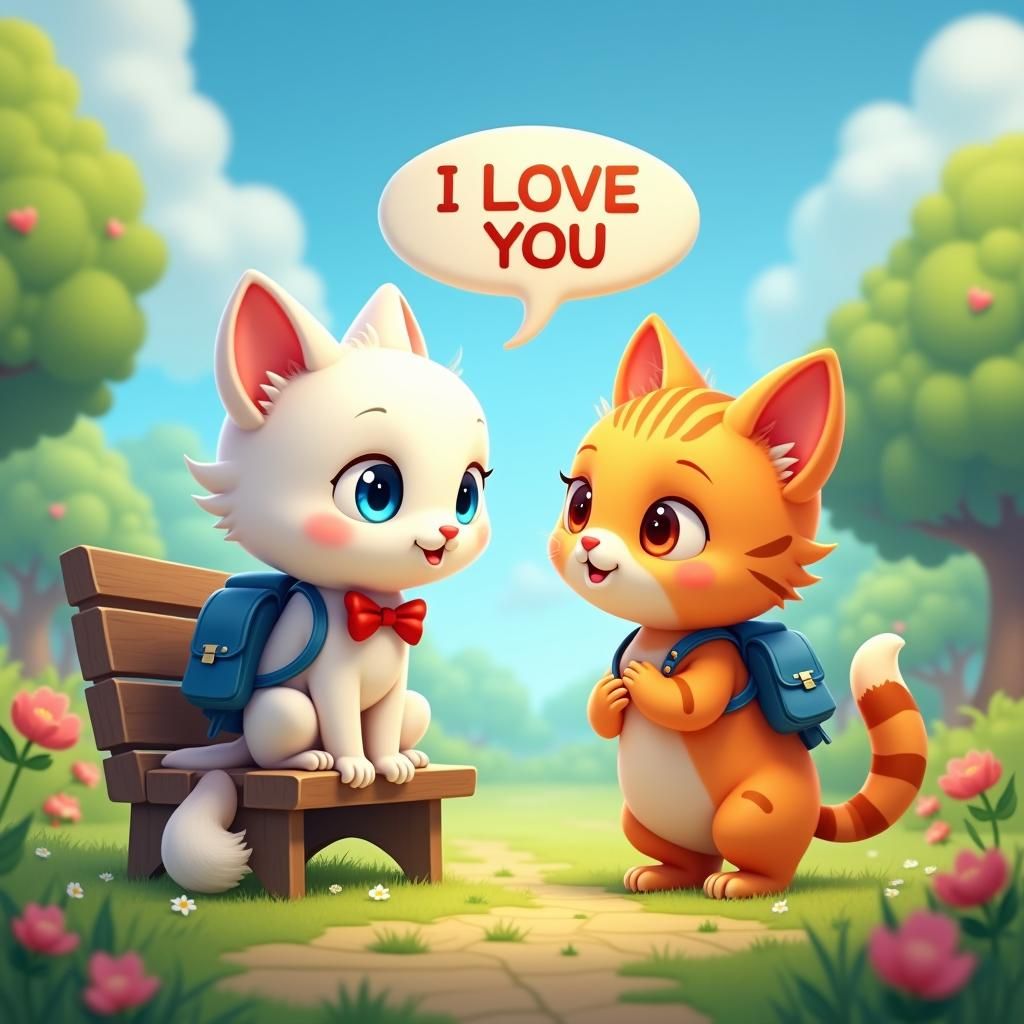 Cartoon Cats' Affection in Whimsical Outdoor Setting