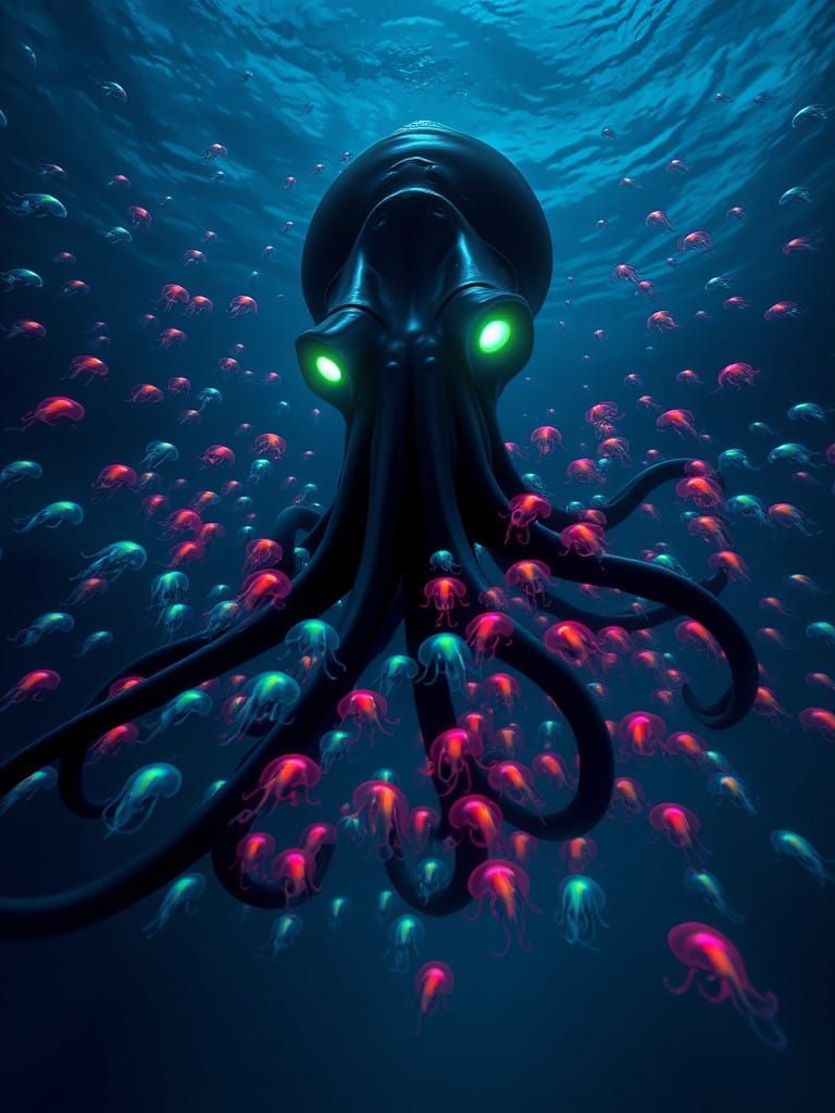 Glowing Giant Squid Emerges with Rainbow-Hued Cuttlefish Swa...