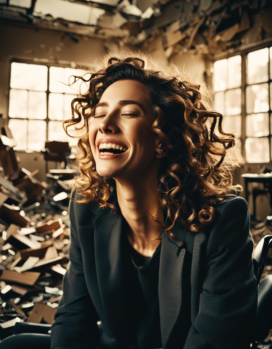 Laughing Woman in Debris-Filled Room: Cinematic Film Still