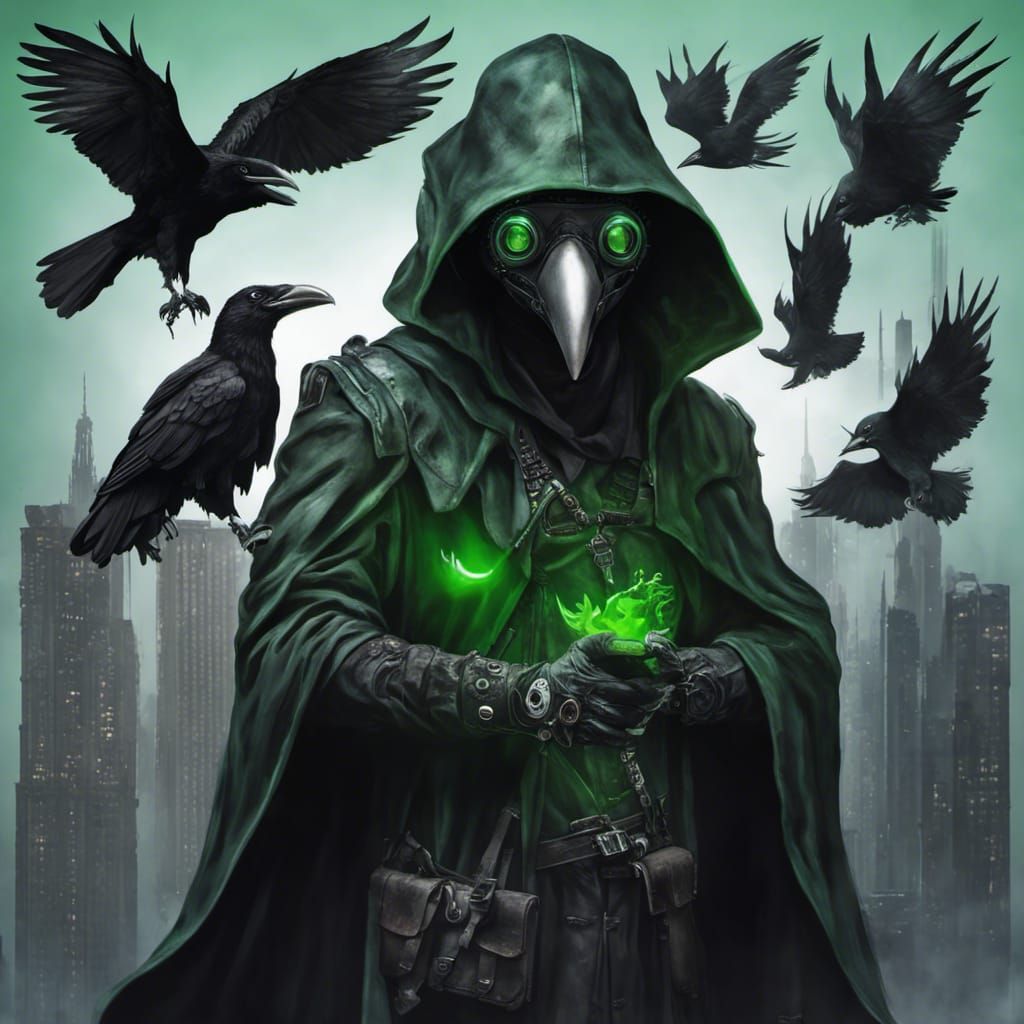 Cyberpunk Plague Doctor in Neon Cityscape