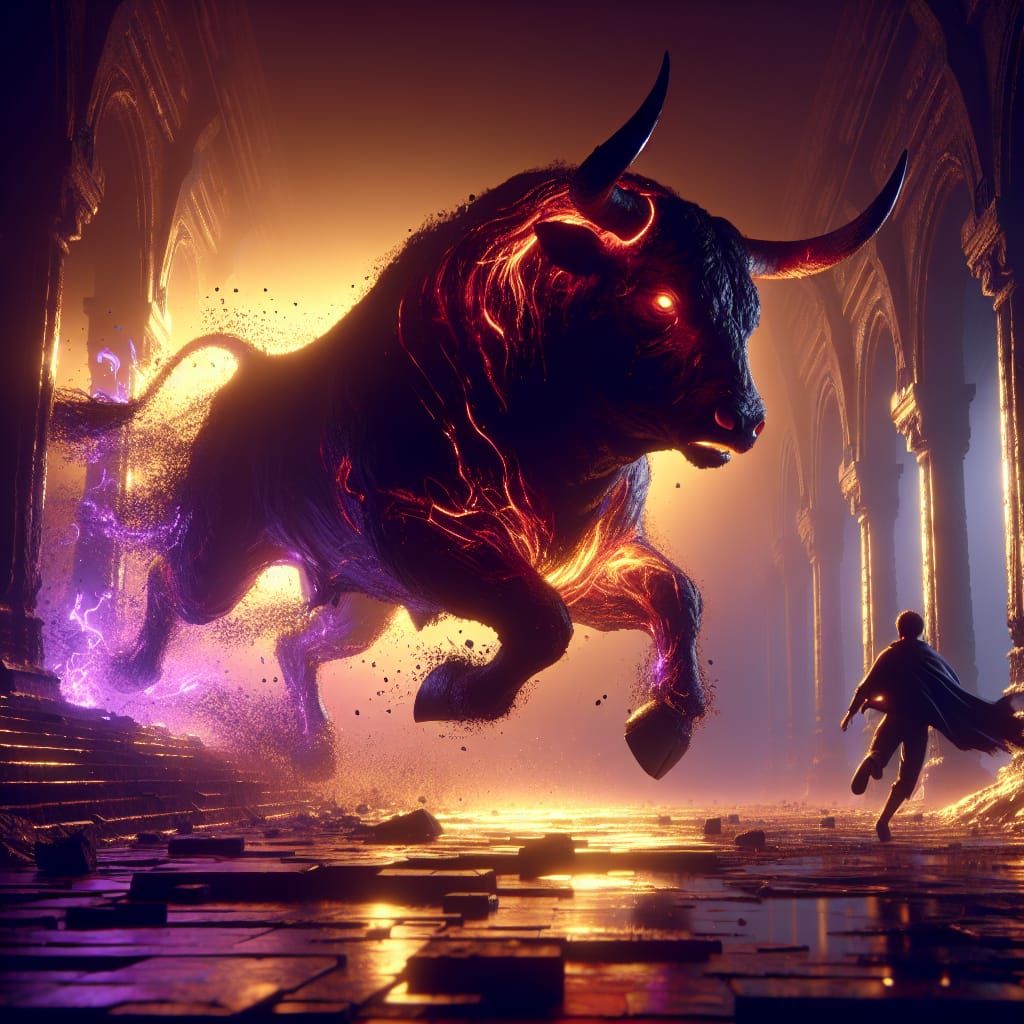 Bull Chasing Boy in Dark Fantasy Art