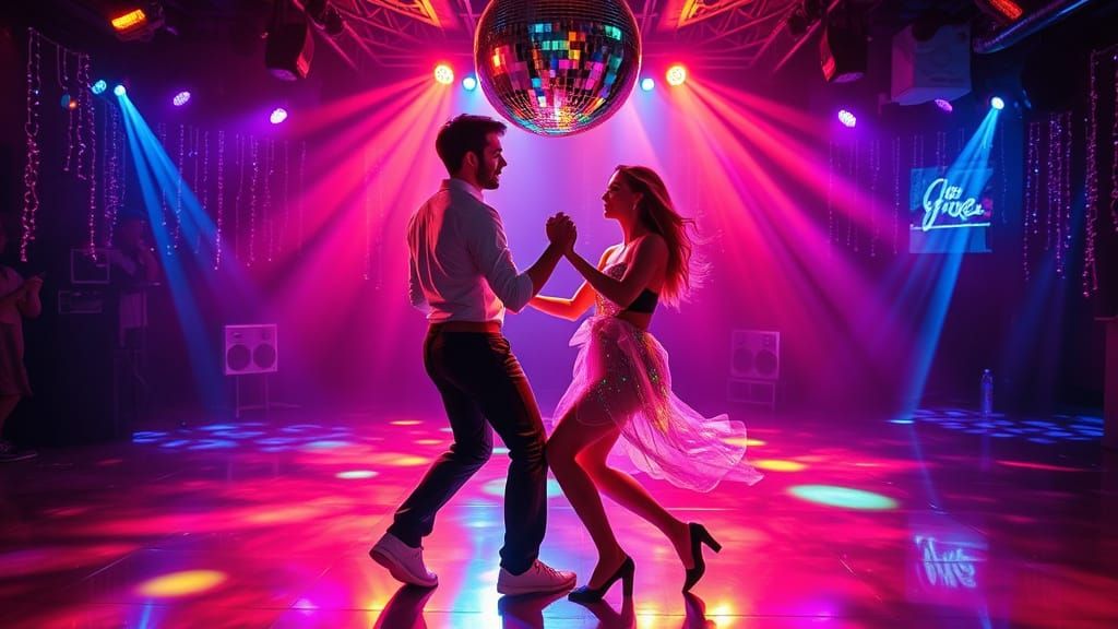 sur une piste de danse disco, avec boule à facette, lumière ...