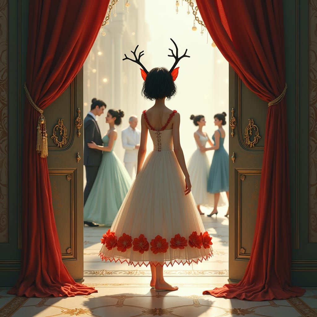 Elf Girl in Bioluminescent Gown at Ballroom