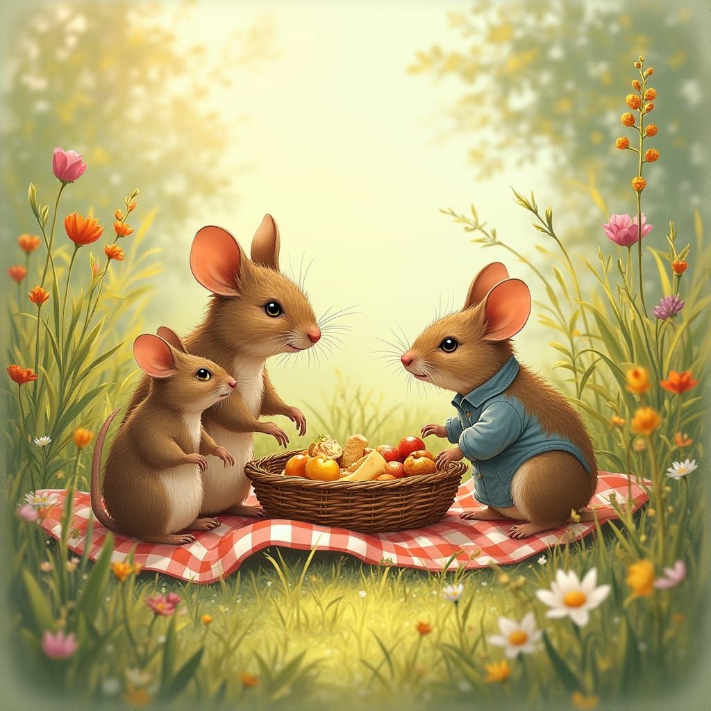 Brave Mice Family Enjoying a Whimsical Picnic in a Sunny Mea...